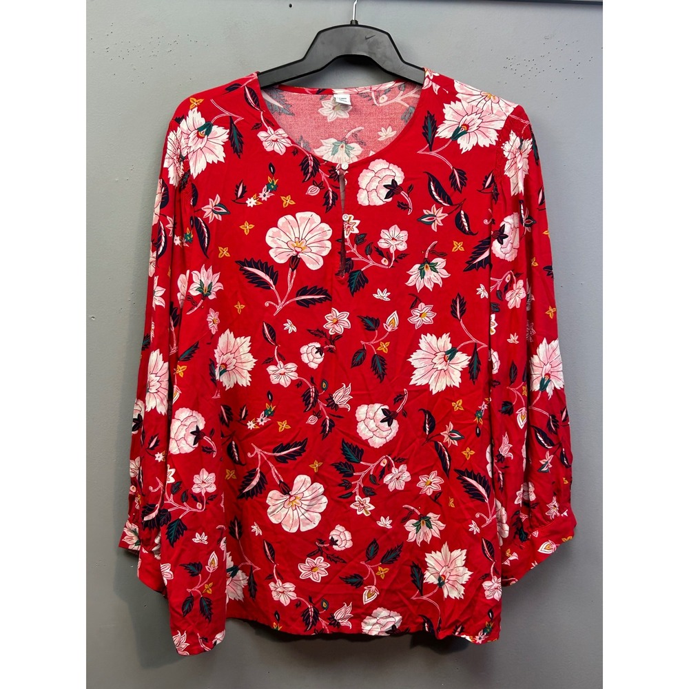 Old Navy Blouse Womens XXL Red Floral Keyhole Balloon Sleeve Rayon Top